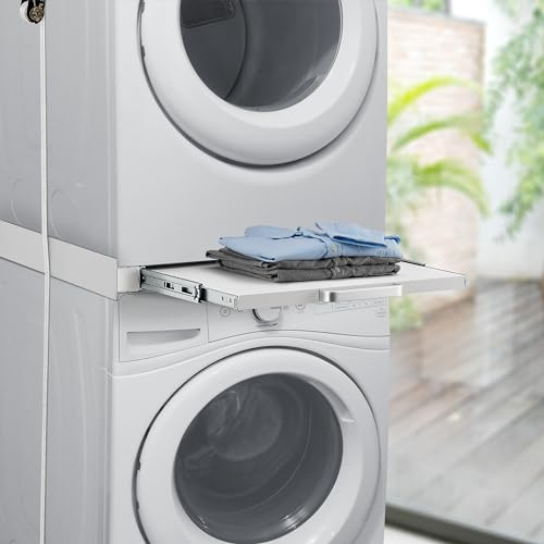 [en.casa] Verbindungsrahmen Buxton mit ausziehbarer Ablage Weiß 60 x 54 cm | Zwischenbaurahmen, Trockner, Waschmaschine, Waschturm, universell einsetzbar für max. 100 kg