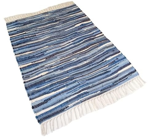MB Warenhandel24 Handwebteppich Fleckerlteppich Flickenteppich gestreift 100% Baumwolle Handweb Teppich Fleckerl Waschbar NEU (ca. 40x60 cm, Tonal Blau gestreift)