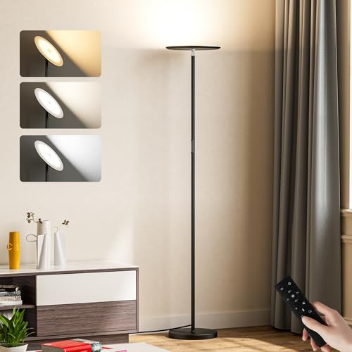PreeOtti LED Stehlampe Wohnzimmer Dimmbar, Deckenfluter LED Dimmbar, 36W Deckenfluter mit Fernbedienung & Touch-Steuerung, 3 Farbtemperaturen Stufenlos (Schwarz)