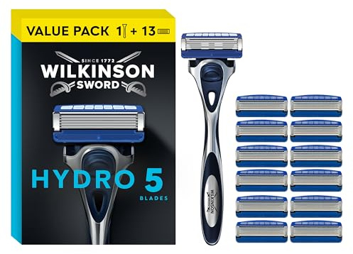 Wilkinson Sword - Hydro 5 Rasierer für Männer, Rasiergriff + 13 Rasierklingen, Feuchtigkeitsspendende Gel-Pools und umklappbarer Trimmer