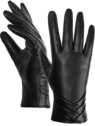 GSG SINCE 1998 Lederhandschuhe Damen aus chromfreiem Lammfell | Gefüttert mit Wolle, Touchscreen-Thermo-Handschuhe in stilvollem Design für Winter