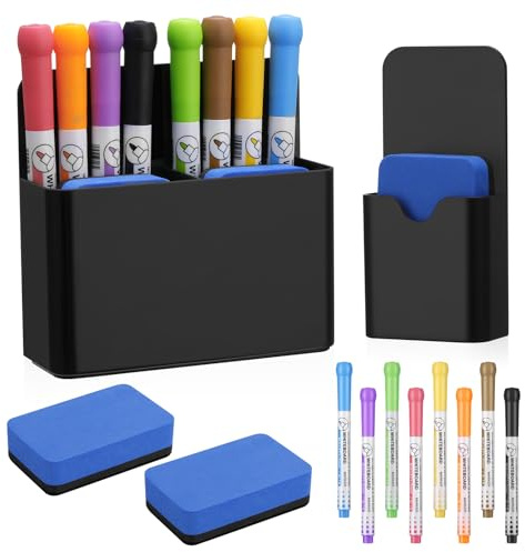 Vyuwast 12 Stück Whiteboard Zubehör (Schwarz) | 2 Magnetische Stifthalter mit 2 Whiteboard Schwämmen und 8 Whiteboard Markern, Ideal für Schule, Büro und Metalloberflächen