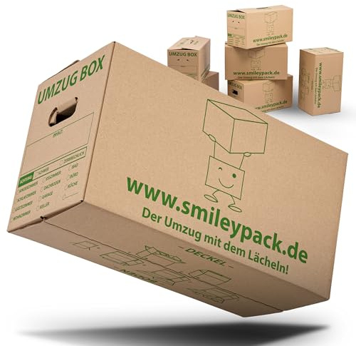 smiley pack PROFI UMZUGSKARTONS | 620 x 300 x 330 mm | 40kg Traglast & Zweiwellig | Robuster Umzug-Karton groß, Bücherkarton, Archivbox & Moving Boxes – Verstärkte Griffe (5 Stück)