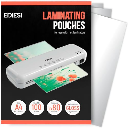 Ediesi, Laminierfolien A4 / 100 Stück/Laminierfolie/Kunststofflaminierungen/Klarsichtfolien/Hochglanz-Finish