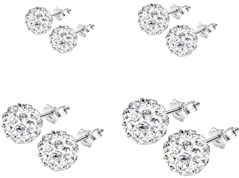 Hinvan 4 Paare 925 Sterling Silber Ohrringe - Damen Kristall Kugel Ohrstecker Set mit Zirkonia Kugel Ohrringe und Piercing Ohrringe