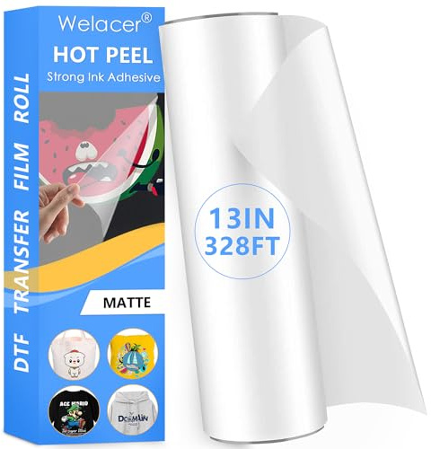 Welacer DTF Transferfolie Rolle 33cm x 100m, PET Film für Druck | Hot & Cold Peel Transfermaterial für Inkjet-Drucker, klare Oberfläche für Bekleidung, Textilien und professionelle Designs