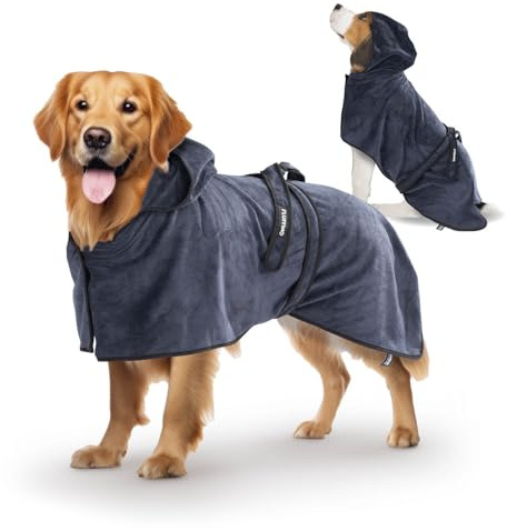 FLUFFINO Hundebademantel Dunkelblau Gr. L | Soft, saugstark, waschbar, schnell trocknend | Tierhandtuch + Klettverschluss | Badetuch für große Hunde | Haustierzubehör