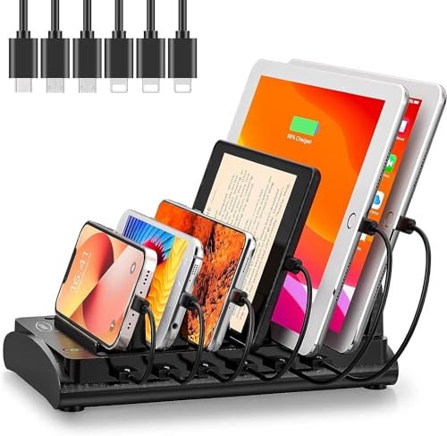 Bototek Ladestation mehrere Geräte, ETL-gelistet, 60W 6 Ports Ladestation für iPhone, iPad, Handy, Tablets, und andere Elektronik, 6 gemischte Kurze Kabel im Lieferumfang enthalten Charging Station
