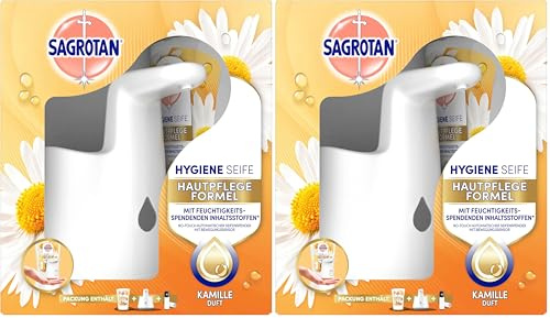 Sagrotan No-Touch Automatischer Seifenspender Weiß – Inkl. Sagrotan Nachfüller Lotusblüte und Kamille – 1 x 250 ml Flüssigseife (Packung mit 2)