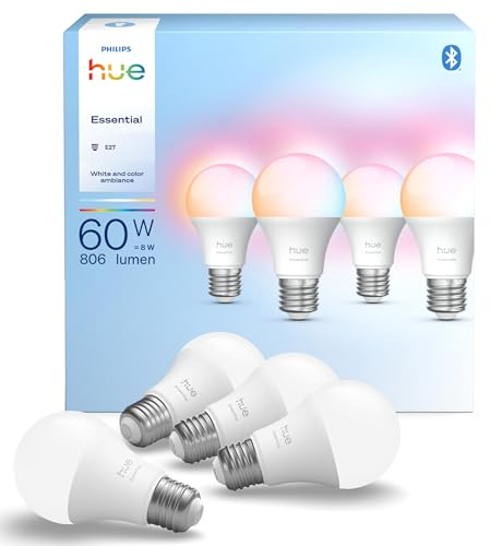 Philips Hue Essential Smart LED A60 Lampe, Weiß und Farbiges LED Leuchtmittel, E27 Fassung, 8W, 2200K-6500K, 806 Lumen LED Licht, dimmbar, kompatibel mit Alexa, Google Assistant & Apple Home, 4er Pack