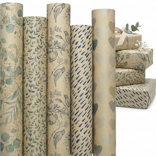 Geschenkpapier Set Kraftpapier Premium – 5 Rollen à 2m x 70cm – Moderne Natur Designs für Hochzeit, Geburtstag, Taufe & stilvolle Geschenke – Hochwertig & reißfest