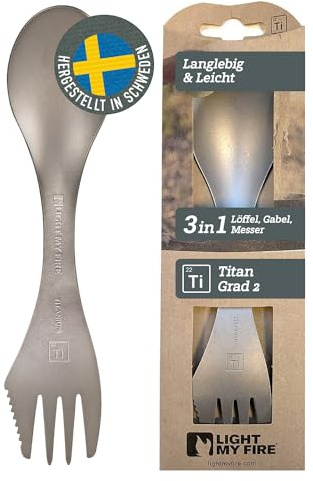 Light My Fire Göffel Titan Spork, ultraleichtes Titan Besteck, 3-in-1 Campingbesteck mit Löffel Gabel Messer, Outdoor Besteck für unterwegs, Löffel To Go - Robustes Reisebesteck aus Schweden