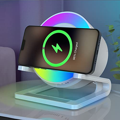 Bluetooth Lautsprecher mit Wireless Charger & Touch Dimmbar Nachttischlampe | Nachtlicht mit Gibt 5 Lichtmodi, Musikbox und Induktive Ladestation, Weihnachtsgeschenke für Frauen, Männer, Kinder, Teenager