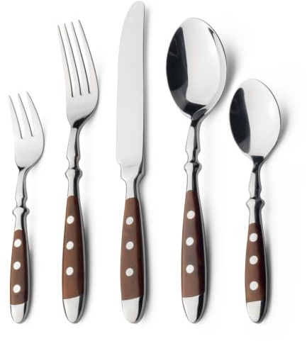 Alata Besteck Set für 6 Personen - Rustikales Tafelbesteck Set aus Edelstahl mit Braunen Griffen - Geschmiedet und Schwer - 30-teilig - Serie Berlin