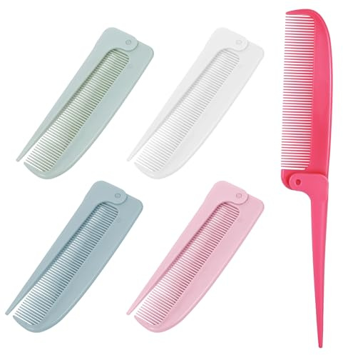 JJUNW 5 Stück Faltbarer Kamm, Stielkamm, Neckerei Kämme Bartkamm | Tragbarer Mini Haarbürste Klappkamm Haarbürste Kamm Mit Stiel für Haarstyling Salon Frauen Männer (Weiß+blau+rosa+grün+rot)