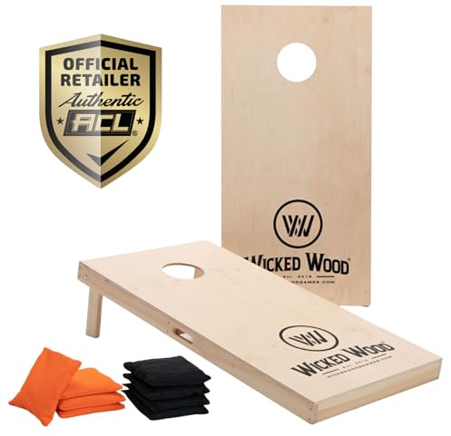 Cornhole Set – 120 x 60 cm - Sackloch Spiel – Wicked Wood – offiziell ACL-lizensiertes Set of Boards – 2 x 4 Cornhole säckchen 450gr - Cornhole Spiel Outdoor