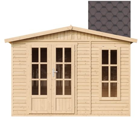 Gartenhaus Holz 6 m2 - H232 x 332 x 222 cm - Große multifunktionale Gartenhütte - Gerätehaus Holz Garten-Studio – Holzhaus Office im Garten - Braun bituminöse Schindeln - TIMBELA M334FB+H334FBBROWN