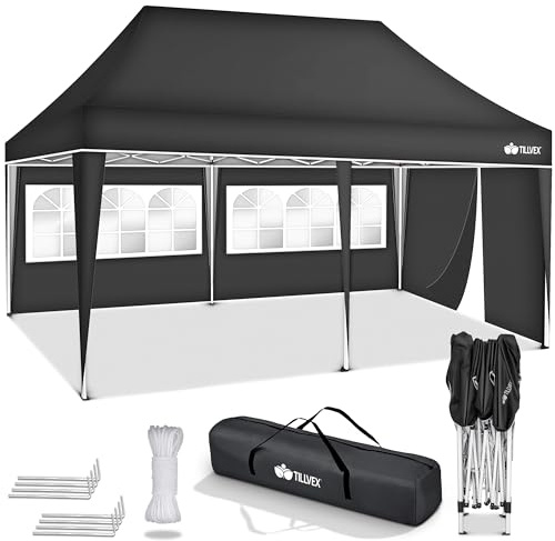 tillvex® Pavillon 3x6m Wasserdicht mit 3 Seitenteilen | Stabil & Winterfest | Pop-Up Faltpavillon Höhenverstellbar | Gartenzelt UV 50+ | Partyzelt Klappbar mit Tasche für Garten Camping Festival Party