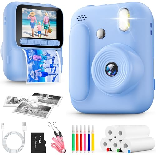 Naxup Sofortbildkamera für Kinder,1080P Kinderkamera mit 5 Rollen Druckpapier,32GB-Karte und Farbstiften,Tragbare Digitalkamera für Jungen und Mädchen,Geschenke für Kinder im Alter 3–14 Jahren (Blau)