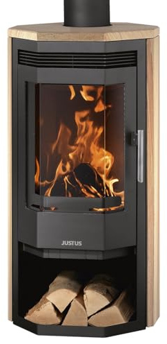 Justus Usedom 5 Kaminofen Stahl Schwarz mit Sandsteinverkleidung 5,5 kW Nennleistung Prismaglas Scheibenspülung Holzfach Bauart 1 Rauchrohr 150 mm