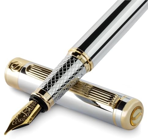 Scriveiner Silber Füllfederhalter Füller Edel mit Echtgold-Finish, Schmidt vergoldete Feder (mittel), Bestes Geschenk für Herren und Damen, Manager, Führungskräfte (Silber Chrom)