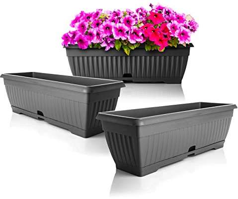 BigDean 3X Blumenkasten Balkon mit Untersetzer 50cm Anthrazit Balkonkasten | Pflanzkasten Blumenkasten mit Wasserspeicher für Innen- & Außenbereich geeignet - Made in Europe