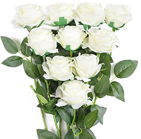 JUSTOYOU 10 Pack Seide Kunstrosen Brautstrauß Blumen für Garten Geburtstagsfeier Zuhause Hochzeitsdeko (Milchweiß Rosen)
