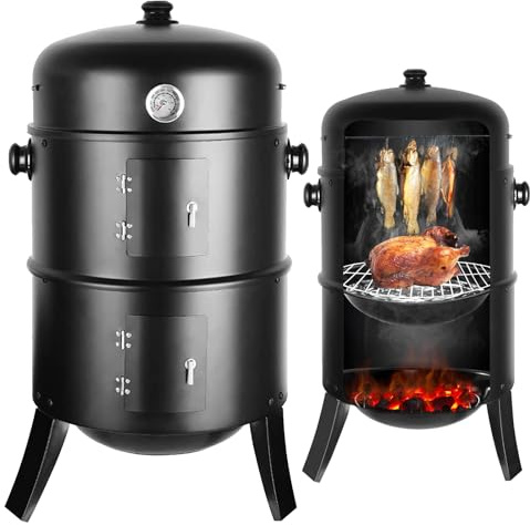 Räucherofen, Räuchertonne Räuchergrill mit Grillrost Edelstahl, 3 in1 Holzkohlegrill Smoker Grill, mit Thermometer, Regulierbare Belüftungsöffnungen, Wasserschale Emaille, Räuchern Räucherofen