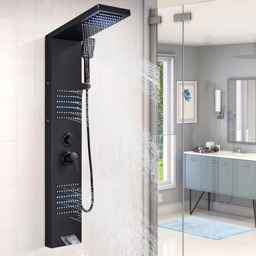 Schwarze LED Hydromassage-Säule Duschsäule Edelstahl,Duschsystem 4 Funktionen Set Badezimmer Dusche,TVTIUO Duschpaneel