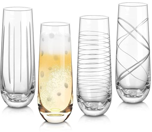Joeyan 290ml Sektgläser ohne Stiel 4er Set,Kristall Champagner Gläser Geriffelt,ausgefallene Sektflöten mit Linie Dot Motiv,Graviert Sektschalen Rotweinglas Weißweinglas ohne fuß für Bar Zuhause Party