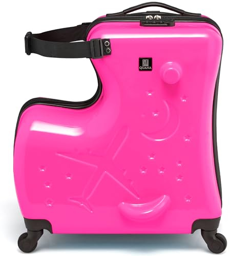 Quana Kinderkoffer Mädchen & Jungen [inkl. Zahlenschloss] - zum Draufsitzen - besonders sicher Dank Gurt & Griffen - Kindertrolley mit Rollen - Kinder Koffer Kinder (rosa)