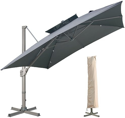 LKINBO Sonnenschirm Quadratisch 300 x 300 cm mit Ständer und Kurbel, Groß Ampelschirm Neigbar 360°Drehbar Parasol Windfest Gartenschirm Wasserdicht Marktschirm für Garten Deck Outdoor, Grau