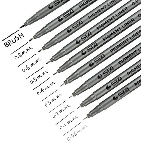 DealKits 9 Fineliner Stifte, Wasserfest Pigmentliner Set(8 Linienbreiten und 1 Brush) Zum Skizzieren, Künstler Illustration, Tchnische Zeichnung, Office-Dokumente - Schwarz