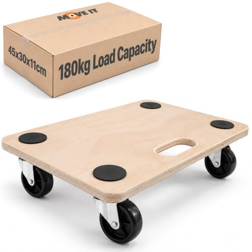 Move-It Plattformwagen mit Griffpolstern, robuster rutschfester Transportrollwagen zum Bewegen von Möbeln und Ausrüstung, 180 kg Tragkraft, Holz (45 x 30 cm)