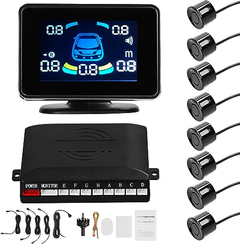 Shkalacar Einparkhilfe, Rückfahrhilfe vorne hinten mit 8 Parksensoren, Abstandserkennung,LCD Abstandsanzeige,Unterstützt akustische Warnung/Summer/Stummschaltung, Parksensor für 12V Fahrzeugen,Schwarz