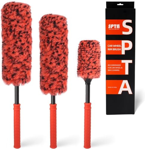 SPTA Premium Felgenbürste, 3 Stück Synthetische Wolle Autofelgenbürste für eine besonders schonende Reinigung bis ins Felgentiefbett, Profi Auto Felgenreinigungsbürste