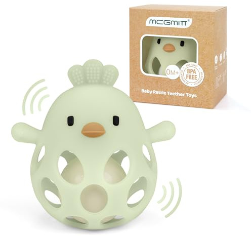MCGMITT Silikon Beißring Greifling Baby mit Rassel – Flexibler Greifball in Hühnchenform BPA-frei Weich & Leicht zu Halten Montessori Spielzeug zur Zahnungshilfe für Babys 3-18 Monate Geschenk - Grün