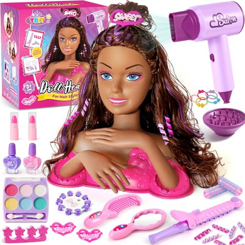 vamei Schminkpuppe Frisierkopf Kinder, Schminkkopf Spielzeug Set mit Haartrockner, Schminke, Nagelaufkleber, Haarstyling Zubehör & Kopf, Stylingkopf Geschenk für Mädchen 3+ Jahren