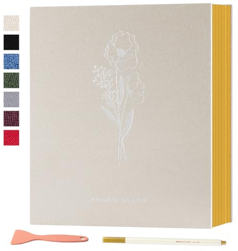 Lanpn Fotoalbum Selbstklebend Einkleben Scrapbook, Leinen Groß Weiße Seiten Fotobuch zum Selbstgestalten mit Metallischer Stift 10x15 13x18 A4 A5 Bilder (Große,20 Blatt/40 Seiten,Beige)