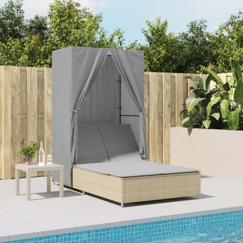 Homgoday Doppel-Sonnenliege mit Dach und Vorhängen | PE-Rattan | Beige | 104 x 197 x 193 cm | Gartenmöbel Model368102