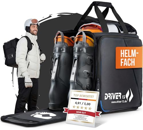 Driver13 Skischuhrucksack mit Helmfach, Bootbag Rucksack für Skischuhe Snowboardboots Inliner, Maße: 40 x 28 x 44 cm, schwarz