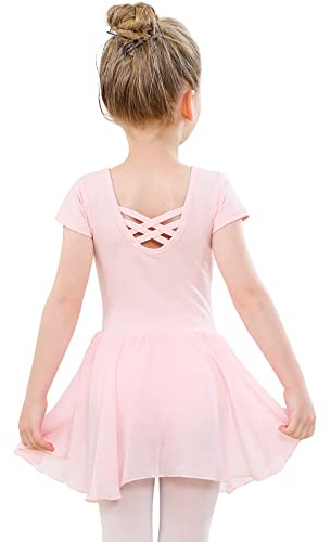 PLIKSUVER Ballettkleidung Mädchen Baumwolle Ballettkleid Balletttrikot Kurzarm Tanzkleid Tanzbody mit Chiffon Rock Tütü