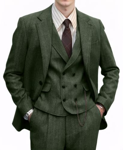 Fesenbo 3-teiliger Retro-Anzug für Herren, Tweed, Fischgrätenmuster, formelle Wolljacke, Kleid, Weste, Hose, Smoking für Hochzeit oder Abschlussball