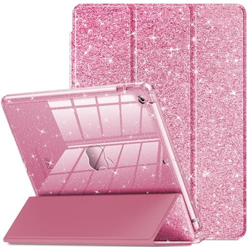 INFILAND Hülle für iPad 9. Generation 2021/iPad 8. Generation 2020/iPad 7. Generation 2019,Glitzer Transparent Schutzhülle,Stifthalter für Kinder und Mädchen (Rosa)