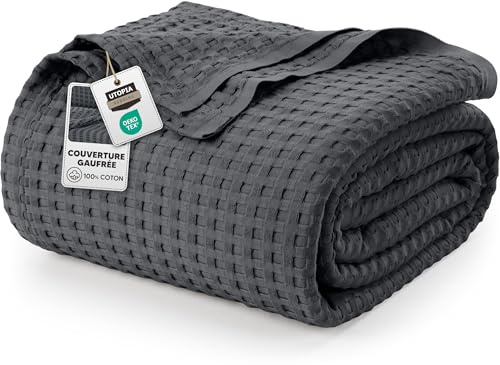 Utopia Bedding 100% Baumwolle Waffeldecke Kuschedecke 300 GSM (Anthrazit - 228 x 182 cm) weiche leichte, atmungsaktive tagesdecke, Sofa & Couch überwurf für alle Jahreszeiten