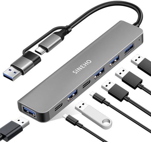 SINEHO 7-in-1 Dual USB Hub, Multiport Adapter mit USB 3.0, 4X USB2.0, Dual USB-C Datenports für Laptops, PC, Typ-C Geräte