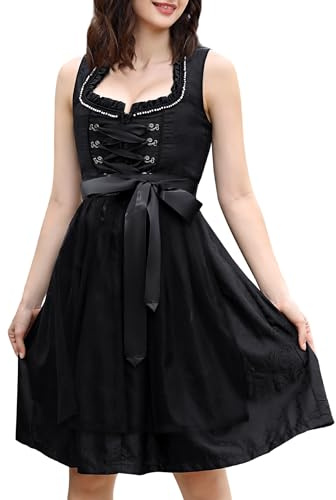 KOJOOIN Trachtenkleid Dirndl Kurz Damen Mid mit Spitzenschürze 2tlg. für Oktoberfest von Gr 34 bis 42(Verpackung MEHRWEG)