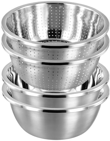 CHUENKUK 2 Sätze Edelstahl Sieb und Schüssel, 26cm Küchensieb Schüssel Set, Reis Waschschüssel, Stapelbares Salat Sieb Schüsselset für Obst, Gemüse