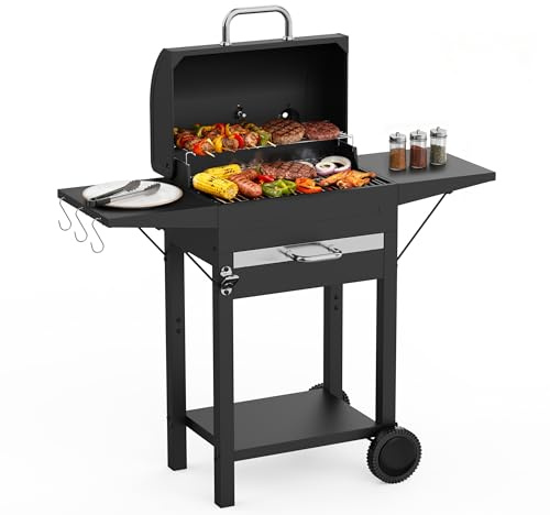 KOBENDA Holzkohlegrill mit Deckel XL BBQ Smoker Grillwagen inkl. Thermometer verstellbarem Rost Robuster Standgrill für Garten, Terrasse, Camping Komplettset mit Abdeckhaube Ascheschublade