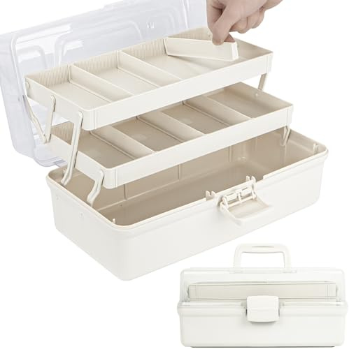 Creahaus 32cm 3-Regal Mehrzweck-Aufbewahrungsbox, Sortierbox, Organizer Box, Bastelbox, Nähkasten, Medizinkoffer, Toolbox, Angelkoffer mit 2 Regalen (Weiß)